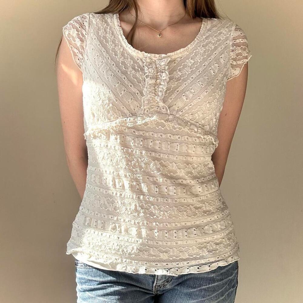 Vintage Merona Cream Floral Lace Whimsical Milkmaid Fairy Top - Size Small